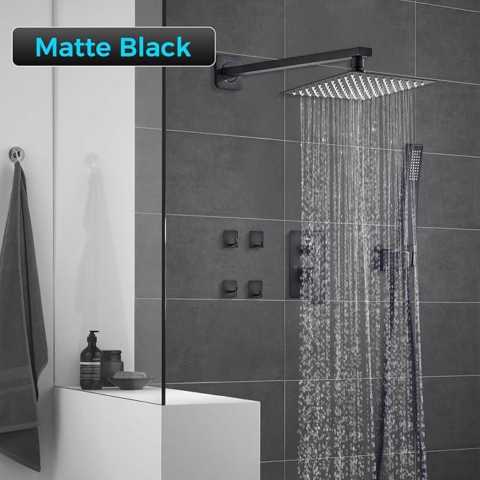Shower Faucet Set Matte Black Complete Shower System with 8 Inches Rain Shower Head and Handheld Spray Bathroom Rain Shower Faucet Set Rainfall Shower System with Shower Valve（RY3-LYQ2-Black） - ModernBath