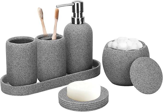 Bathroom Accessory Set, 6PCS Gray Bathroom Accessories - Soap Dish, Lotion Dispenser, Toothbrush Holder, Mouthwash Cup, Tray, Cotton Ball Jar, Aesthetic Decor Bathroom Sets - ModernBath