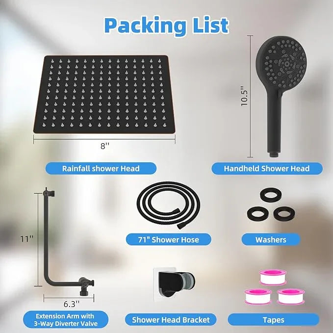 All Metal Shower Head, 8" High Pressure Rainfall/Handheld Shower Combo with 11" Extension Arm, 10-Spray Handheld Showerhead, 71" Long Hose, 3-Way Diverter Valve, Oil Rubbed Bronze - ModernBath