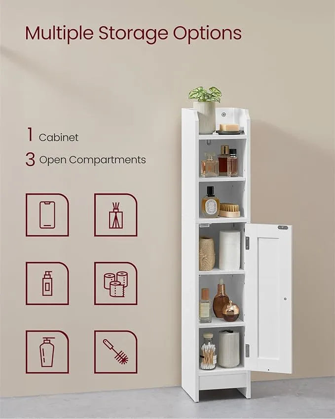 VASAGLE Small Storage Corner Floor Cabinet with Door, 7.9 x 7.1 x 36.2 Inches, Narrow Toilet Paper Storage Holder, Adjustable Shelves, for Bathroom, Living Room, Small Spaces, Cloud White UBBC311W01 - ModernBath