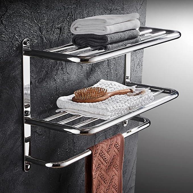 2-Tier Towel Rack Floating Shelf with Towel Bar, 20-Inch W x 8.25-Inch D Bathroom Hotel Towel Shelf, Wall Mount, Mounting Hardware Included,Polished Chrome - ModernBath