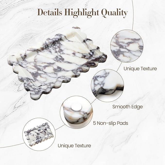 SAMAH Calacatta Viola Natural Marble Tray, Scalloped Bathroom Tray, Luxury Decorative Trays for Bathroom, Vanity, Dresser, Kitchen & Home Decor, House Warming Gifts New Home (Rectangle,12x7.4 Inch) - ModernBath