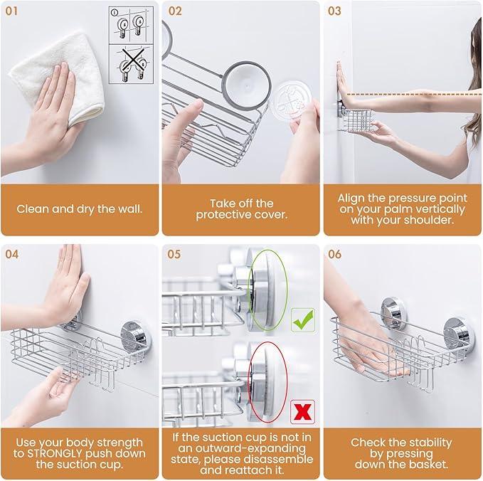 LEVERLOC Shower Caddy Suction Cup, 2 Pack Heavy Duty Bathroom Organizer for Inside Shower with Hooks & Soap holder, Removable and Rustproof Silver bathroom Holder Storage - ModernBath