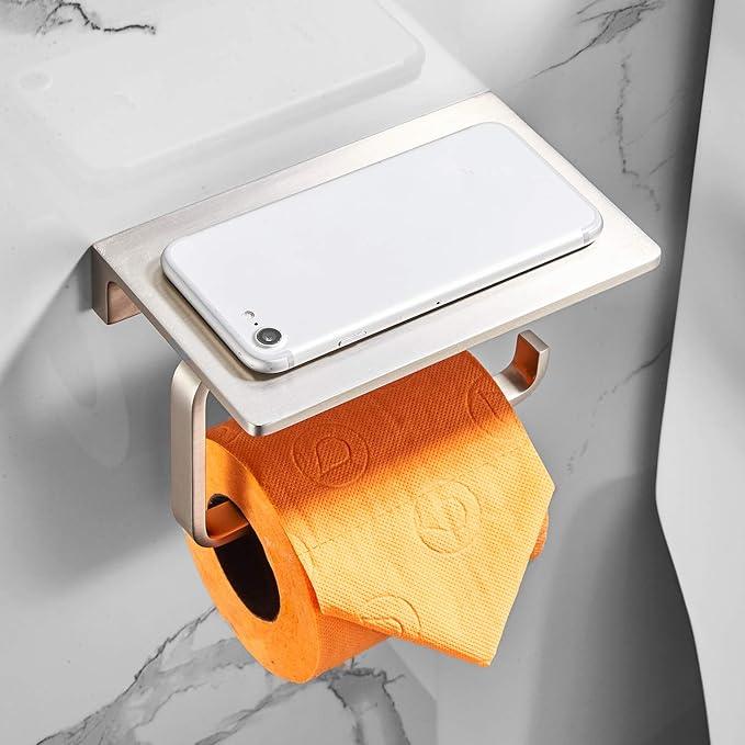 Toilet Roll Paper Holder Bathroom Solid Brass and Superior Hotel Style Wall Mount Tissue Roll Holder with Phone Shelf Brushed Nickel Finished - ModernBath