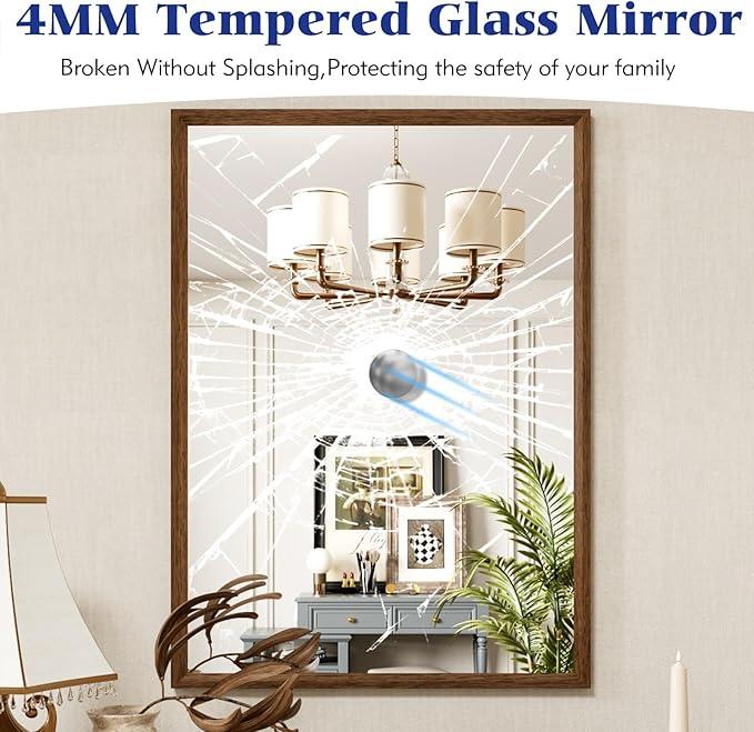 JISOSO Rectangle Walnut Bathroom Mirror 28x36 Inch, Anti-Rust 4MM Tempered Glass, Modern Vanity Mirror for Bathroom, Horizontal or Vertical Wall Mount - ModernBath