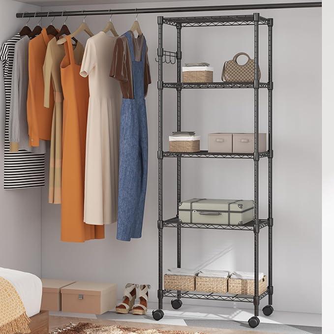 Homdox 5 Tier Wire Shelving Unit on Wheels, Adjustable Storage Racks and Shelving, Heavy Duty Rolling Metal Shelves with Side Hooks for Laundry Bathroom Kitchen Garage Pantry Organization, Black - ModernBath