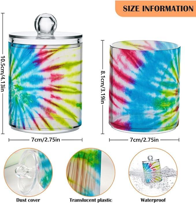 Qtip Holder Bathroom Set Q tip Cotton Ball Swab Pad Dispenser Container Organizer Plastic Jars with Lids Storage 2Pack Multicolor Tie Dye - ModernBath