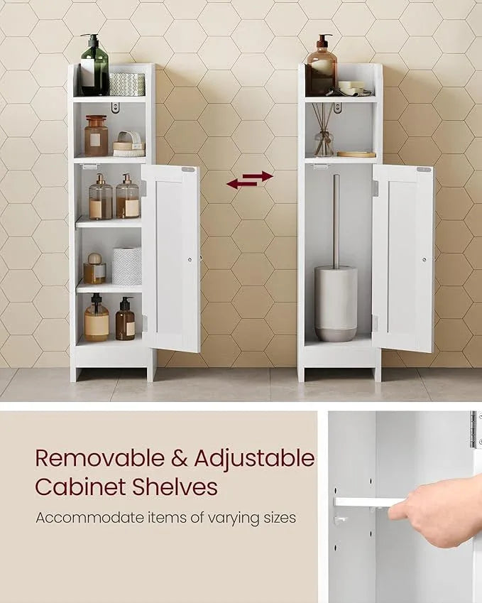 VASAGLE Small Storage Corner Floor Cabinet with Door, 7.9 x 7.1 x 31.5 Inches, Narrow Toilet Paper Storage Holder, Adjustable Shelves, for Bathroom, Living Room, Small Spaces, Cloud White UBBC310W01 - ModernBath