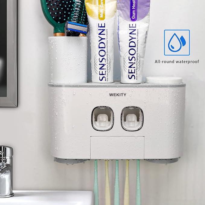 Toothbrush Holder WREWING Multi-Function Wall-Mounted Automatic Toothpaste Dispenser and Dust-Proof Toothbrush Holder with 5 Brush Slots 4 Cups 2 Automatic Toothpaste Dispensers 1 Storage Slot (Grey) - ModernBath