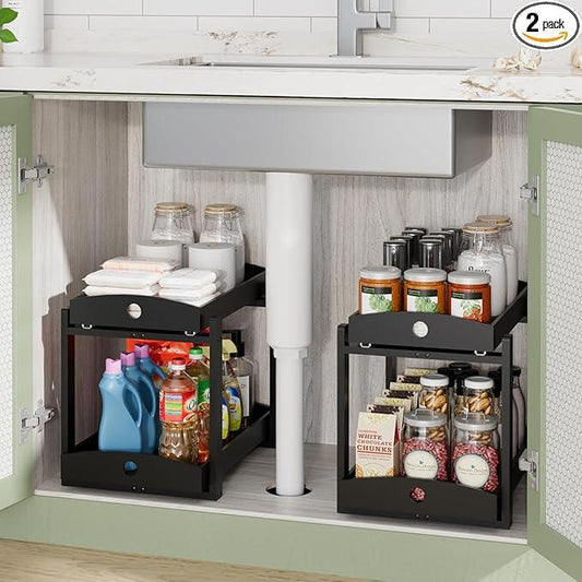 Bamboo Wood Under Sink Organizer 1 Pack, Pull Out Cabinet Organizer 2 Tier Under Sink Organizers and Storage with Sliding Drawer Sturdy Easy Assembly for Kitchen Bathroom Undersink (Black, 2 Packs) - ModernBath