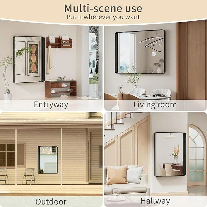 Koonmi Black Bathroom Mirror for Wall, 36x48 Inch Matte Metal Deep Framed Rounded Corner Wall Mirror, Shatterproof Tempered Glass for Farmhouse Bedroom Entryway, Vertically or Horizontally - ModernBath