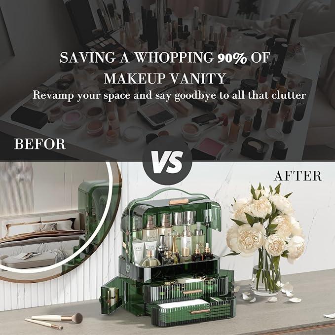 LINFIDITE Cosmetics Storage Box Transparent Lid Large Makeup Organizer Box Drawers Portable Handle Waterproof Dustproof Skincare Display Cases for Countertop, Bathroom, Dresser,Gift Clear Green - ModernBath