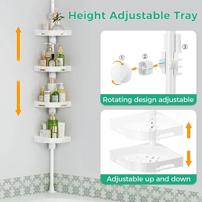 shuang qing 4-Tier Corner Shower Caddy Tension Pole Organizer - Adjustable Rustproof Metal Tension Pole, Plastic Shelves with Safety Guardrail, Bathroom Storage for Shower & Bathtub(White) - ModernBath