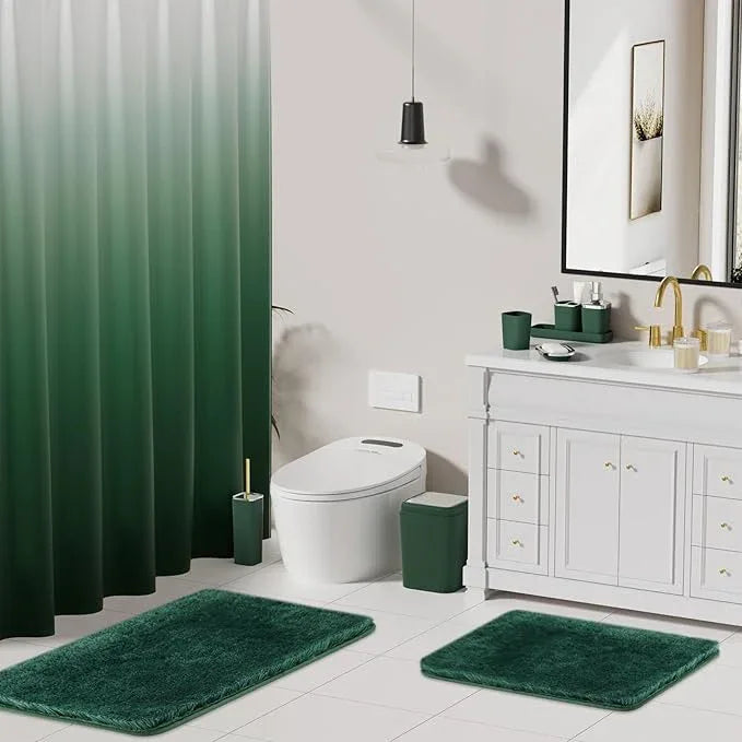 XLHOMO Dark Green Bathroom Accessories Set with Shower Curtain and No-Slip Bath Rugs,24PC Bath Sets with Trash Can, Toothbrush Holder, Cup, Soap Dispenser, Tray, Soap Dish, Toilet Brush, Qtip Holders - ModernBath