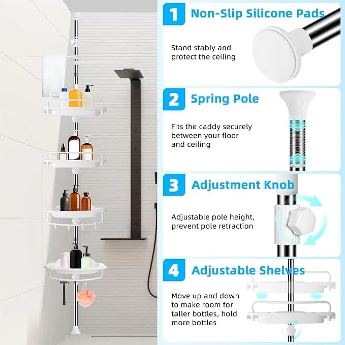 32-122inch Corner Shower Caddy Tension Pole White, Rustproof Drill-Free Shower Shelves for Bathroom Bathtub Washbasin, Adjustable Shower Organizer with 4 Tier Patent Stable Shelves & Towel Bars - ModernBath