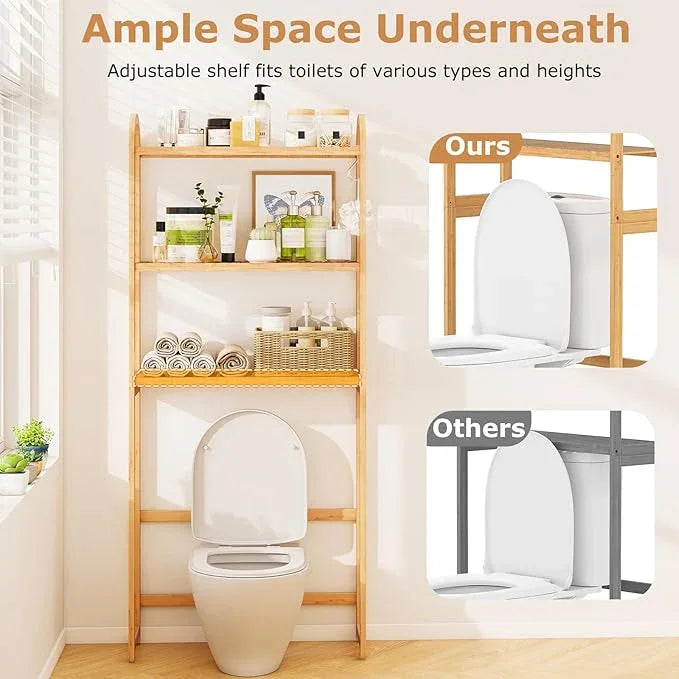 Giantex Over The Toilet Storage Cabinet, 3-Tier Bamboo Bathroom Shelves Over Toilet w/3 Hooks, Adjustable Shelves & Waterproof Feet Pad, Over Toilet Bathroom Organizer for Laundry, Balcony, Restroom - ModernBath