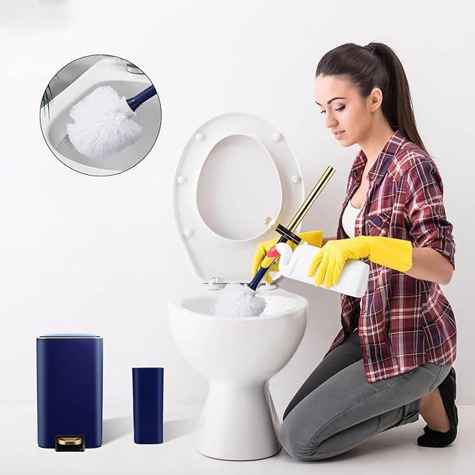 XLHOMO Navy Blue Bathroom Accessories Set 8 Piece Navy Blue and Gold Bathroom Set, Bathroom Sets with Stainless Steel Trash Can,Toilet Brush,Toothbrush Set,Soap Dispenser - ModernBath