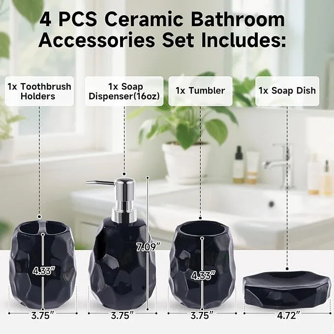 Ceramic Bathroom Accessories Set 4 PCS,Bathroom Toothbrush Holder Set,Soap and Toothbrush Holder Set,Include Toothbrush Holder,Soap Dispenser,Soap Dish,Tumbler,Bathroom Sets Decor Organizer (Black) - ModernBath