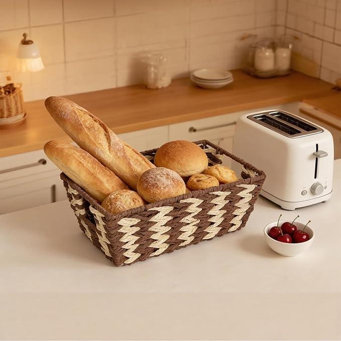Paper Rope Storage Baskets for Shelves Organizing, Small Hand Woven Wicker Organizer Basket with Handle for Bathroom Toilet Paper Storage, Beige and Brown, 3-Pack - ModernBath