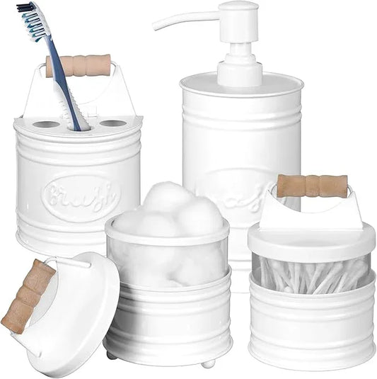 Autumn Alley White Bathroom Accessories Set 4 - Farmhouse Soap Dispenser, Toothbrush Holder, 2 Apothecary Jars Qtip Holder - White Bathroom Decor – Rustic Farmhouse Bathroom Accessories - ModernBath