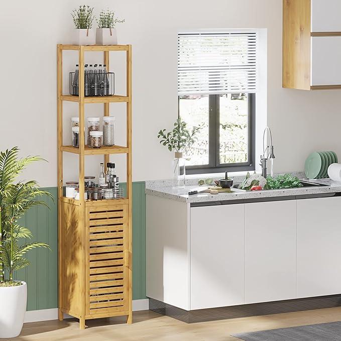 VIAGDO Storage Tall Slim Cabinet with Shutter Door and 3 Tier Shelves, Freestanding Linen Tower Cabinet for Living Room, Kitchen, Bathroom Organizer, Natural Bamboo - ModernBath