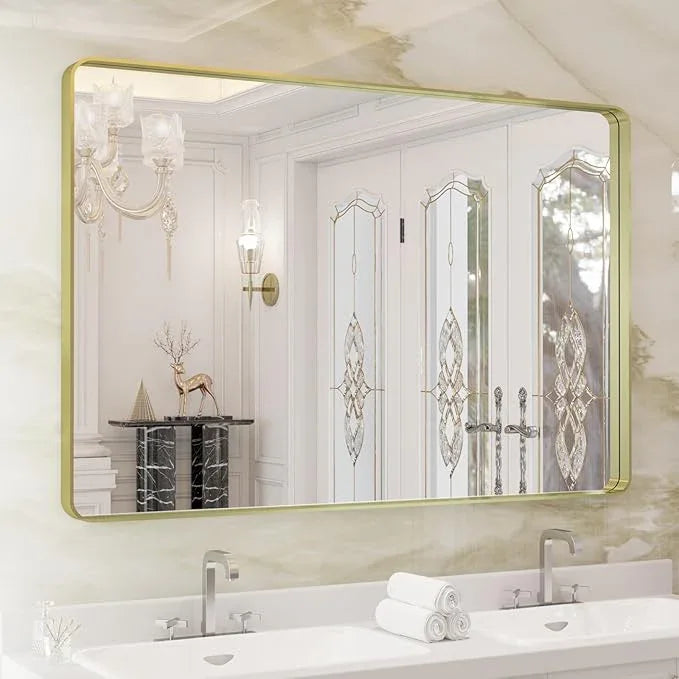 WEER Gold Bathroom Mirror, 48X32 Inch Brushed Gold Metal Frame Mirror, Rounded Rectangle Gold Bathroom Vanity Mirror for Wall, Tempered Glass, Anti-Rust, Hangs Horizontally or Vertically - ModernBath