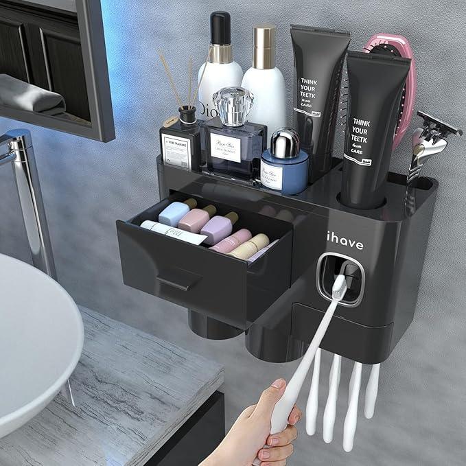 iHave Toothbrush Holders for Bathrooms, 2 Cups Toothbrush Holder Wall Mounted with Toothpaste Dispenser - Large Capacity Tray, Cosmetic Drawer - Tooth Brushing Holder & Bathroom Accessories - ModernBath