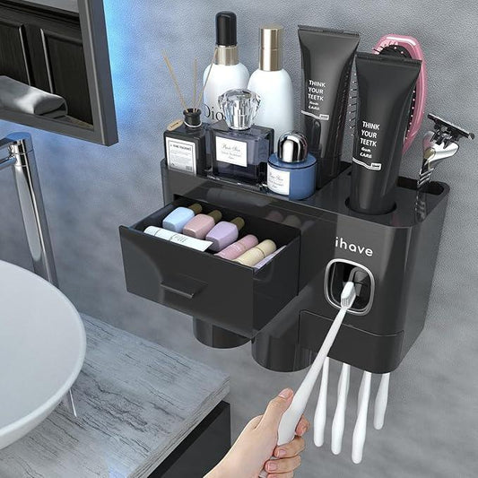 iHave Toothbrush Holders for Bathrooms, 2 Cups Toothbrush Holder Wall Mounted with Toothpaste Dispenser - Large Capacity Tray, Cosmetic Drawer - Tooth Brushing Holder & Bathroom Accessories - ModernBath