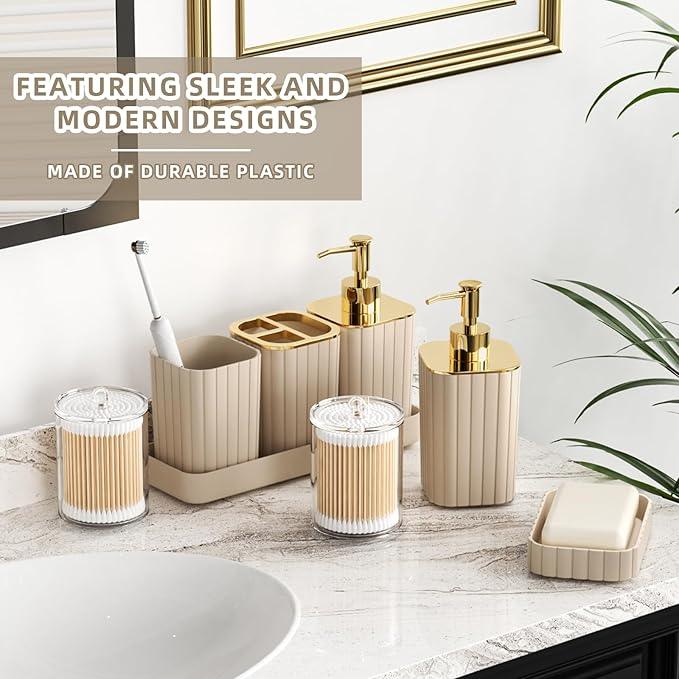 XLHOMO Bathroom Accessories Set - Gorgeous Bathroom Set, 10PC Beige Bathroom Accessory Set, Toilet Brush, Trash Can & Soap Dispenser - ModernBath