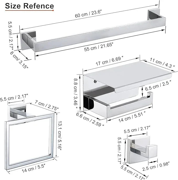 4-Piece Bathroom Hardware Set Chrome Bath Towel Bar Holder Sets Wall Mounted Stainless Steel Square Bathroom Accessory Kit, Polished Chrome 23.6 Inch - ModernBath
