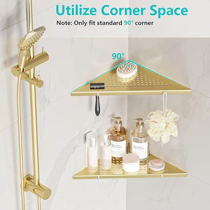 10" Bathroom Corner Shelf, 2 Pack Recessed Shower Shelf Caddy, SUS304 Stainless Steel Shelf Wall Mount Triangular, No Drilling Brushed Golden - ModernBath