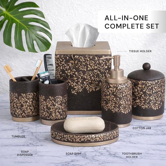 Decozen Bathroom Accessories Set 6Pcs – Soap Dispenser, Toothbrush Holder, Tumbler, Soap Dish & Cotton Swab Jar – Modern Bathroom Decor, Bath Set for Christmas Decor, Stella - ModernBath