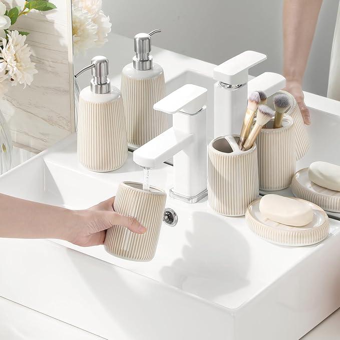 vancasso Ceramic Bathroom Accessories Set 4 Piece, Soap Dispenser with Stainless Steel Pump, Toothbrush Holder, Tumbler and Soap Dish, Modern Relief Design, Bathroom Decor Organizer, Beige-White - ModernBath