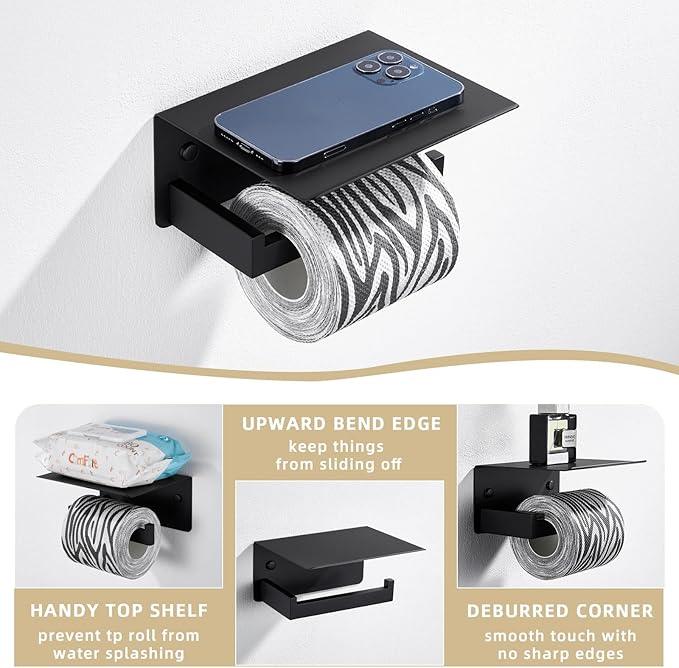 Angle Simple Toilet Paper Holder with Shelf Matte Black, 304 Stainless Steel Lavatory Tissue Roll Holder for Wall - ModernBath
