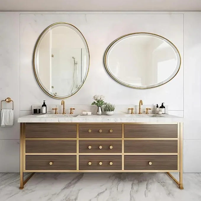 POZINO Brushed Gold Beveled Mirror, 24"x36" Brass Oval Mirrors, Bathroom Mirror for Over Sink, Modern Rounded Vanity Wall Mirrors in Premium Stainless Steel Frame, Hangs Horizontal Or Vertical - ModernBath