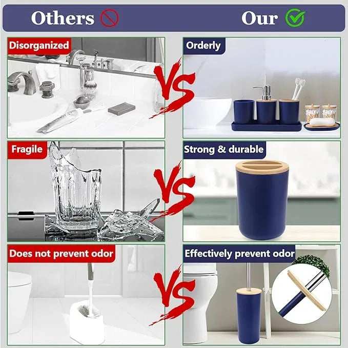 SLDIYWOW Blue Bathroom Accessories, 9-Piece Navy Blue Bathroom Accessories with Trash Can,Tray,Soap Dispenser,Toothbrush Holder,Toothbrush Cup,Soap Dish,Toilet Brush and Q-tip Holders for Bathroom - ModernBath