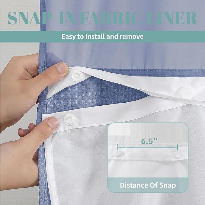 eachope MoonLightBlue Long No Hook Waffle Weave Shower Curtain with snap-in Liner Replacement, 230GSM Waterproof Fabric Hotel Shower Curtain Set for Bathroom, Through Mesh Top Window,71Wx80H - ModernBath