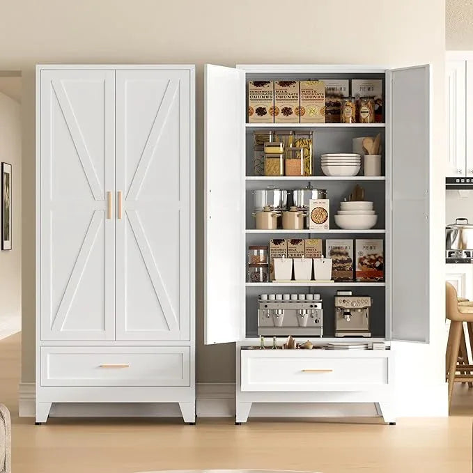 COFaR Metal Storage Cabinet, Farmhouse Storage Cabinet with 2 Doors and 4 Adjustable Shelves - 71" White Kitchen Pantry Storage 5-Tier Tall Steel Cabinets Locker for Kitchen, Living Room, Dining Room - ModernBath