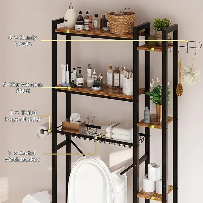 Over The Toilet Storage with Side Shelf, 7 Tier Bathroom Organizer Rack with Paper Holder, Hooks and Basket, Freestanding Above Toilet Shelf for Laundry, Quick Interlock Install (Vintage Brown) - ModernBath