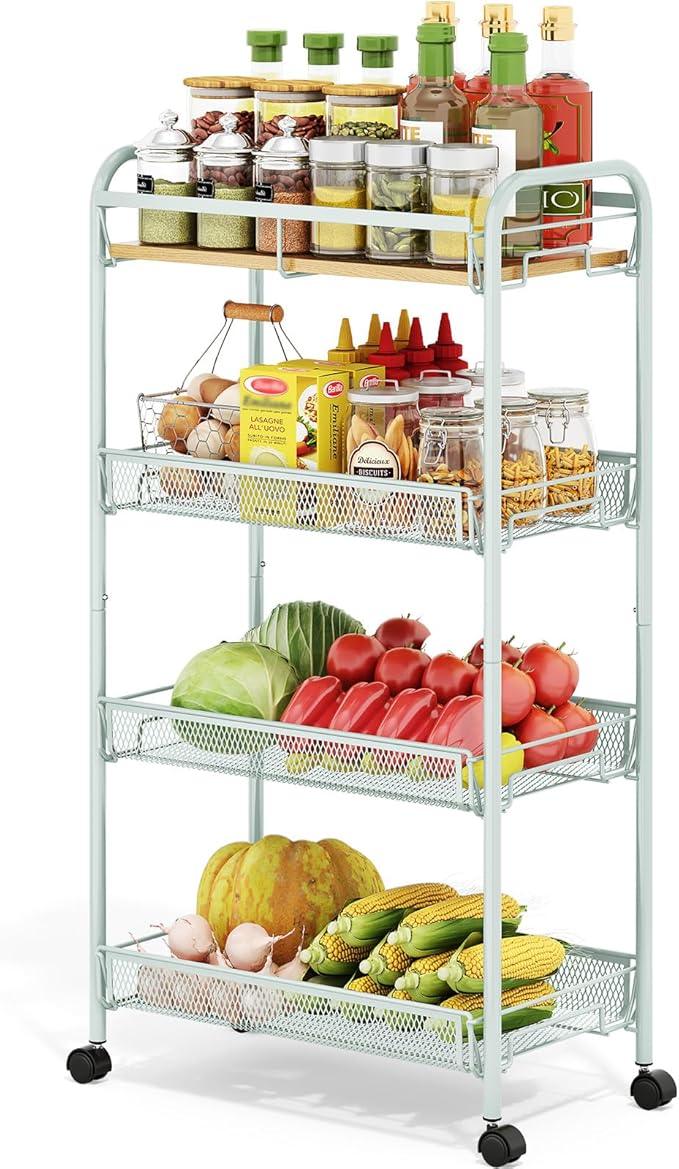 TOOLF 4-Tier Rolling Cart, Metal Utility Cart, Slide Out Storage Cart with Wooden Tabletop and Mesh Baskets for Narrow Space on Kitchen Bathroom Laundry Room Bedroom Apartments Dormitory (Green, Wide) - ModernBath