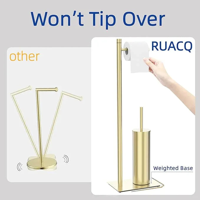 RUACQ Toilet Paper Holder Stand with Toilet Brush and Holder Set, 304 Stainless Steel Bathroom Toilet Tissue Paper Roll Holder Free Standing, Weighted Base, Heavy Duty (Brushed Gold) - ModernBath