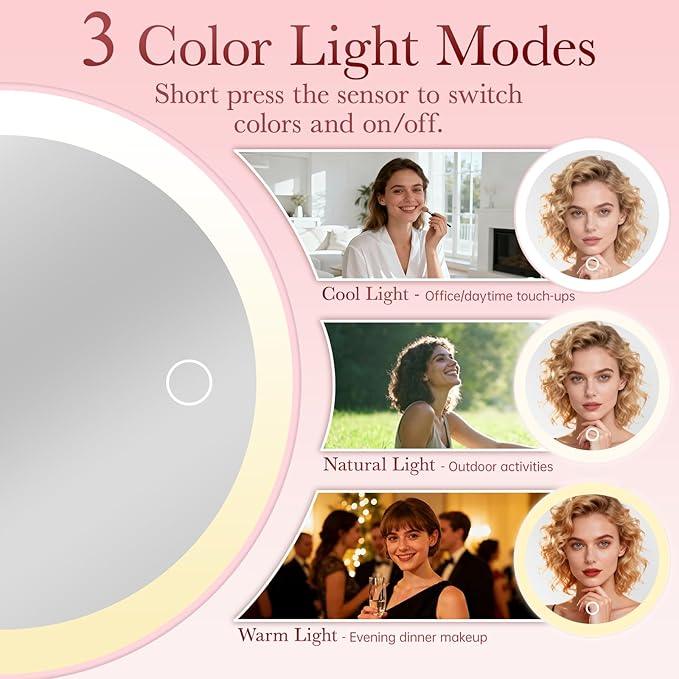 Amifiy Magnetic Makeup Mirror with Lights, 8" Pink Vanity Mirror with Lights, 360° Rotation, 3 Colors & Brightness Adjustable, Lighted Makeup Mirror for Desk, Gifts for Kids/Girls/Teens/Women - ModernBath