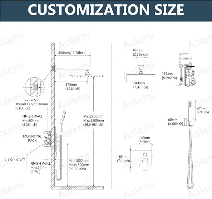 Aolemi Shower Faucet Set Rain Shower System with Handheld Spray Bathroom Shower Combo Rough-in Valve and Shower Trim Kit Included Matte Black 8 Inch Wall Mount Shower Head - ModernBath
