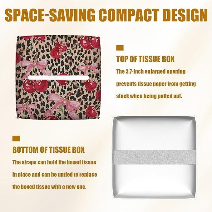 Pink Cherry Bow Tissue Box Cover 2PCS, Leopard Leather Tissue Box Holder Square Facial Paper Case Tissue Box Cube Organizer for Bathroom Bedroom Desk Office - ModernBath