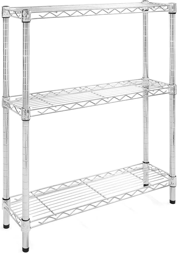 Shelving Inc. 8"d x 30"w x 34"h Chrome Wire Shelving with 3 Tier Shelves, Weight Capacity 800lbs, Evenly Distributed - ModernBath