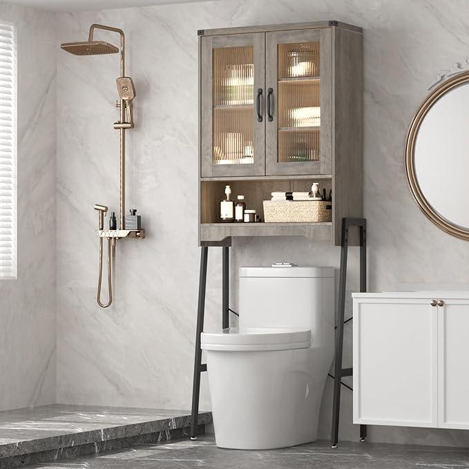Over The Toilet Storage Cabinet with Tempered Glass Doors and Adjustable Shelf, Bathroom Organizer with Metal Stand Space Saver Over Toilet , Modern Toilet Rack for Bathroom, Restroom, Laundry, Grey - ModernBath