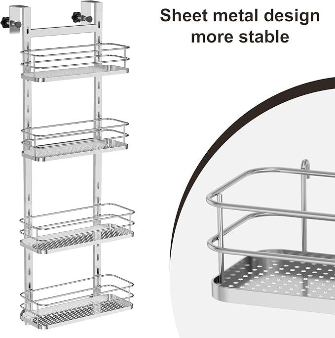 Orimade Adjustable Hanging Over the Shower Door Caddy,Bathroom Organizer Shelf Storage with 4 Hooks for Razor,No Drilling Rustproof Shower Rack Basket, 4 Tier, Silver - ModernBath