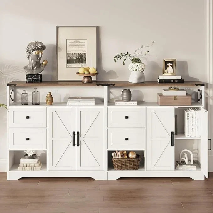 Fameill Farmhouse Storage Cabinet with Drawers and Open Storage,Freestanding Kitchen Pantry with 2 Barn Doors, Floor Cabinet with Adjustable Shelf for Living Room,White - ModernBath