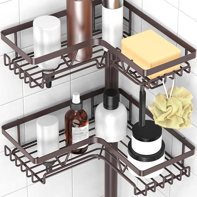 KEGII Floor Corner Shower Caddy Standing, Rustproof 4-Tier Shower Shelf Organizer with Hooks & Soap Holder, Free-Standing Bathroom Storage Rack for Shampoo & Toiletries, Bronze - ModernBath
