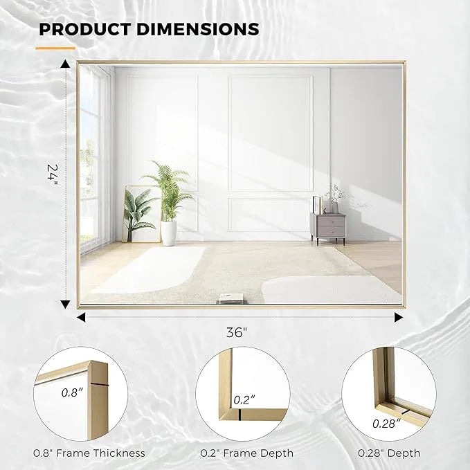 Bonverre 24x36 Inch Brass Bathroom Mirror for Wall, Aluminum Frame Rectangle Rectangular Vanity Mirror, Modern Large for Bedroom, Living Room, Horizontal or Vertical - ModernBath